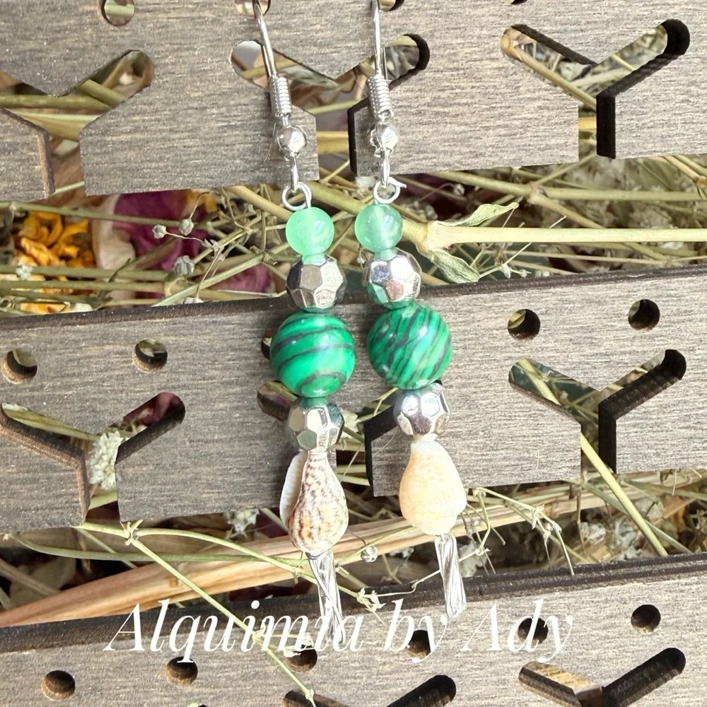 Carefree Vibrant Green malachite aventurine shells and Gold Earrings